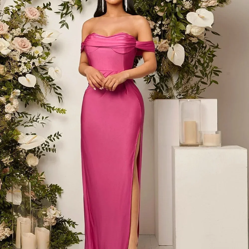 Pink Preppy Womens Off Shoulder Ruched Split Thigh Bridesmaid maxi Dress - Picture 5 of 5